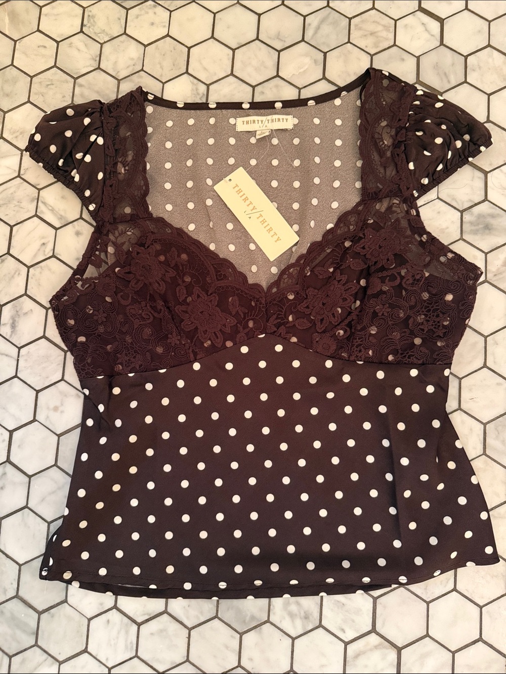 Brown Polka Dot Lace Trim Top NWT - Large
